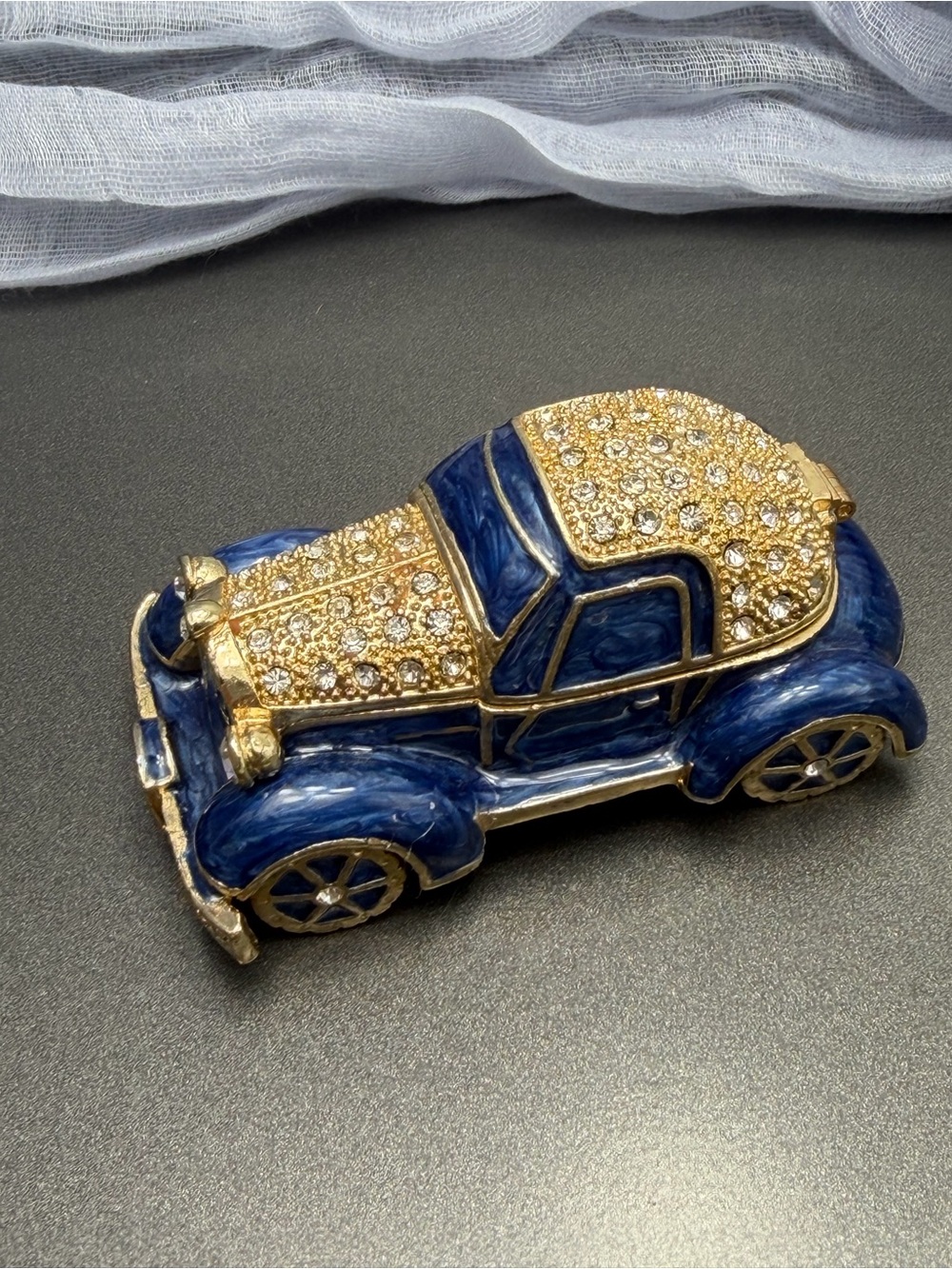 Blue and Gold Jeweled Classic Car Trinket Box